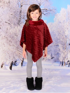 Kids Soft Faux Fur Poncho W/  Zig-zag Pattern and Faux Fur Neckline (3-7 Years Old) 